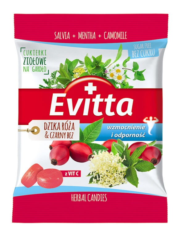 Cukierki ziołowe bez cukru z wit.C o smaku dzikiej róży 60g EVITTA