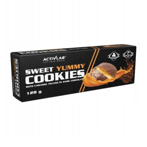 Sweet Yummy Cookies ciasteczka z nadzieniem karmelowym w czekoladzie deserowej 128g ACTIVLAB