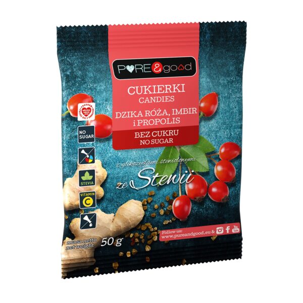 Cukierki z dziką różą, imbirem, propolisem bez dodatku cukru 50g PURE&GOOD