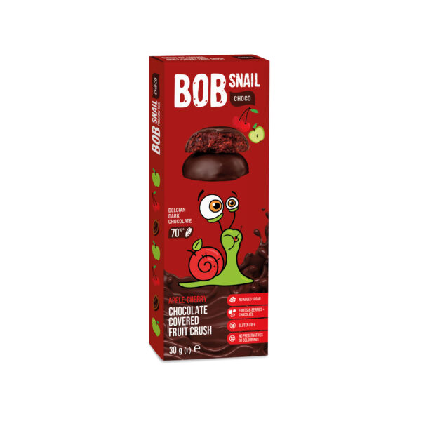 Ciasteczko owocowe jabłko-wiśnia w ciemnej belgijskiej czekoladzie 30g BOB SNAIL