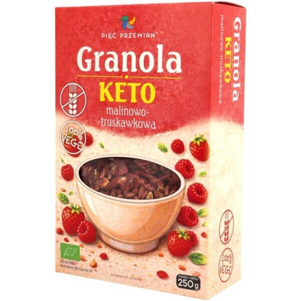 Granola KETO malinowo-truskawkowa bezglutenowa BIO 250g PIĘĆ PRZEMIAN